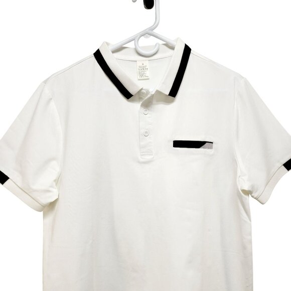 Mens White Polo Shirt With Black Trim Short Sleeve Button Collar Chest  Size S - Picture 5 of 8